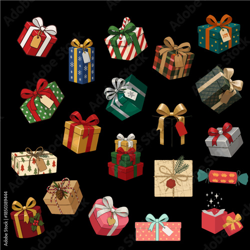 Collection of festive Christmas gift boxes with colorful wrapping paper and ribbons vector isolated on transparent background