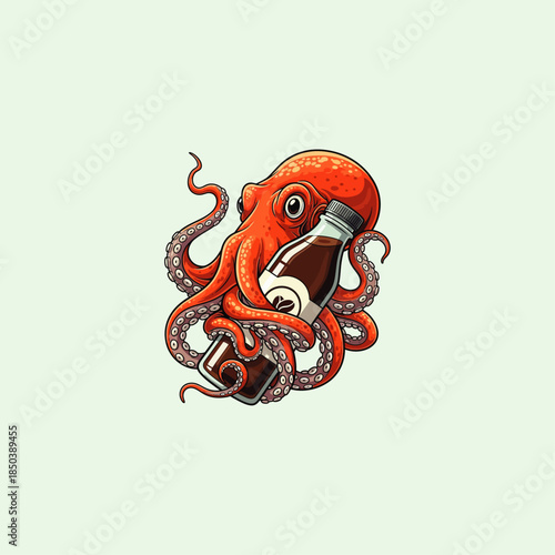 Octopus wrapped around a coffee bottle icon flat vector design.