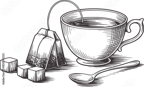 Black and white hand drawn of tea cup with tea bags and sugar cubes