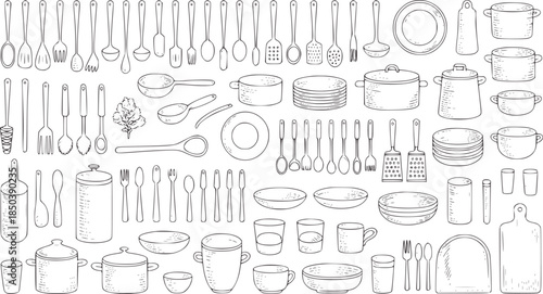 Black and white hand drawn kitchen utensils and tableware