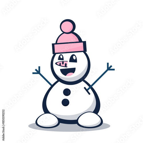 cute snowman cartoon vector illustration wearing pink hat, smiling winter character isolated on white background.
