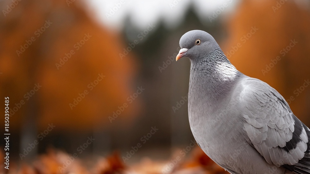 Fototapeta premium A pigeon is standing on a pile of leaves