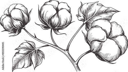 Detailed black and white botanical of cotton plant with bolls and leaves