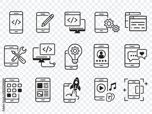 Mobile App and Front-End Development Icon Set Programming, UI UX Design, SEO, and Marketing Vector Icons 