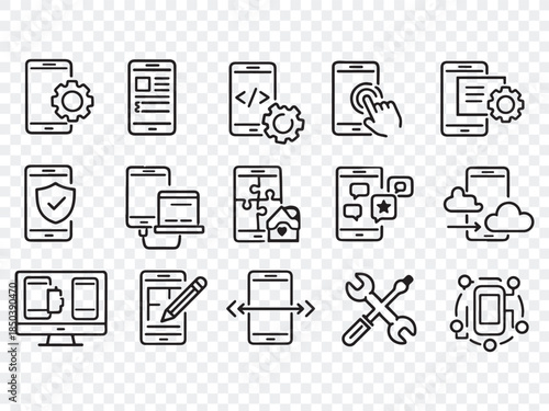Mobile App and Front-End Development Icon Set Programming, UI UX Design, SEO, and Marketing Vector Icons 