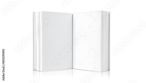 Open blank book; bright white pages and cover, standing upright on reflective surface with neutral background