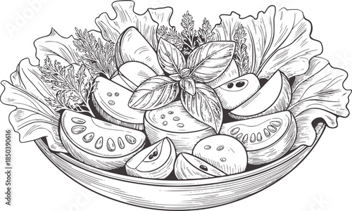 Detailed black and white line of sliced fruits and vegetables in a bowl