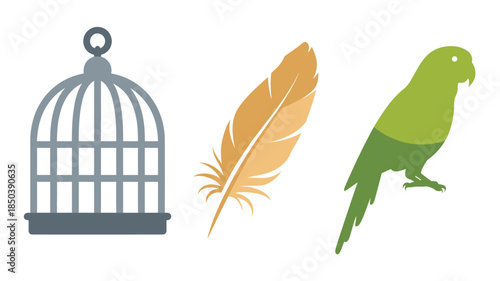 Green parrot with feather and birdcage in minimalist flat design with soft white background for freedom