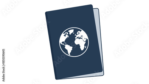 Passport with globe icon in dark blue cover with white emblem for international travel documentation