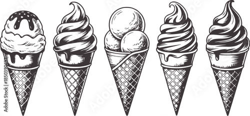 Five vintage black and white illustrated ice cream cones in a row