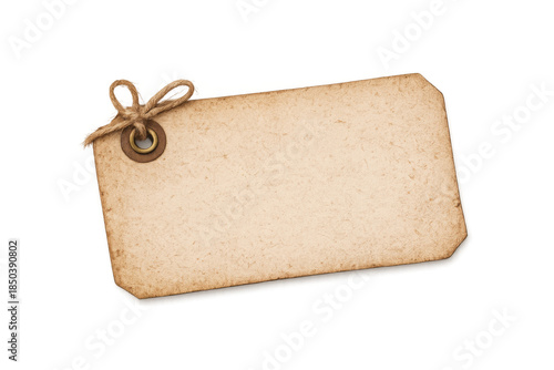 Blank vintage price tag with string knot and eyelet on transparent background, retro paper label for retail or crafts