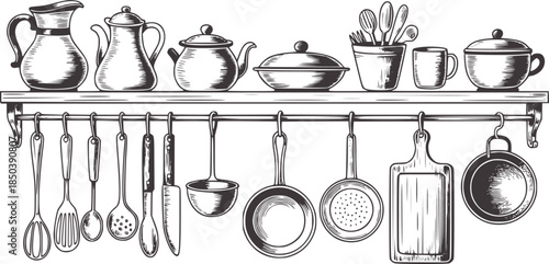 Handdrawn black vintage kitchen utensils and cookware