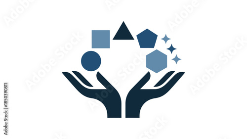 Hands holding geometric shapes in minimalist style with blue gradient and stars for branding and corporate identity