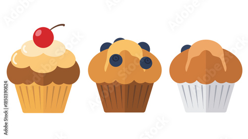 Cupcakes with different toppings in cartoon style with bright colors on white background for bakery advertising