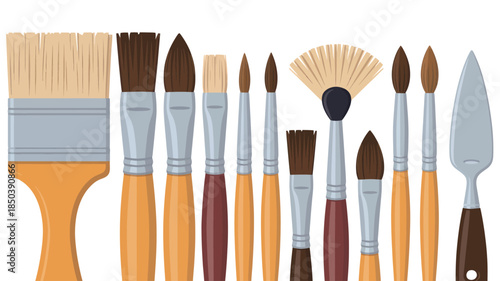 Assorted Art Brushes and Palette Knife in Vibrant Colors on White Background for Artistic Creations