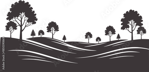 Minimalist black silhouette landscape with rolling hills and trees