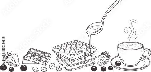 Monochrome black and white line of waffles chocolate and coffee