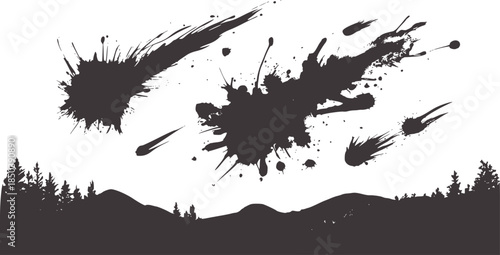 Monochrome abstract ink splatter over mountain silhouette