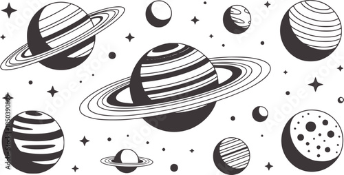 Monochrome celestial planets with rings in space black