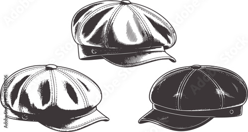 Three black flat caps in varying perspectives monochrome