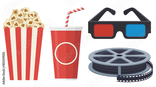 Cinema Essentials with 3D Glasses and Film Reel in Bright Colorful Illustration for Entertainment