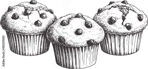 Three hand drawn black and white chocolate chip muffins
