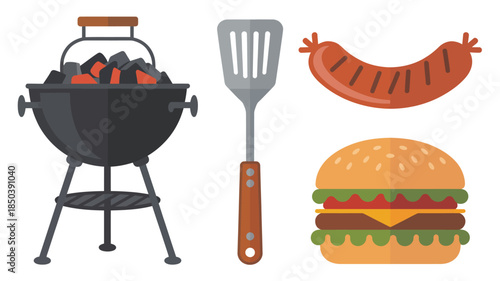 Barbecue Grill with Sausage and Burger in Flat Design Style with Bright Colors for Food Blogging