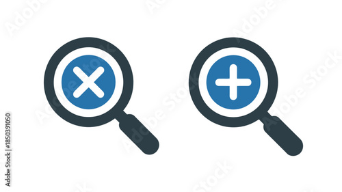 Magnifying glasses with cross and plus symbols in simple flat design with blue color scheme for web icons