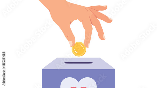 Hand Donating Coin into Charity Box with Heart Symbol in Simple Flat Design for Non-Profit Organizations