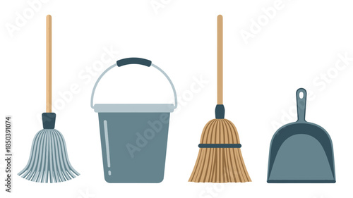 Cleaning Tools Set in Simple Flat Design with Blue Gray Color on White Background for Household