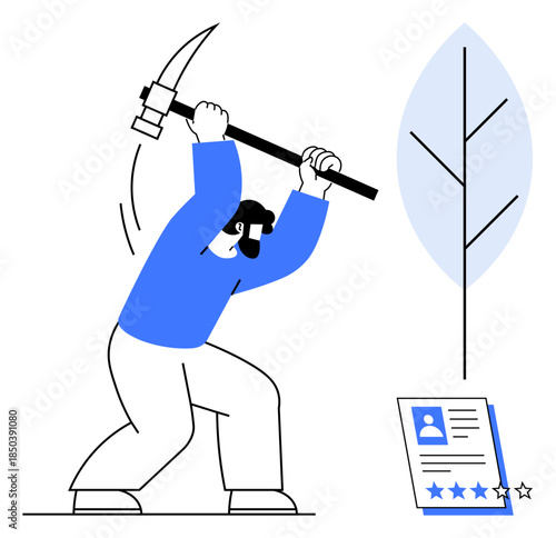 Person using pickaxe to mine digital profile information, symbolizing data mining, technology, effort, insight, privacy, research, and analytics in a simple flat metaphor