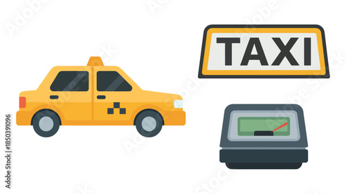 Taxi cab with sign and meter in bright yellow color on white background for transportation service
