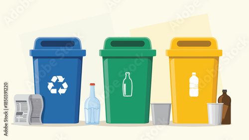 Colorful Recycling Bins with Plastic Bottles in Bright Studio Lighting for Environmental Awareness Campaign