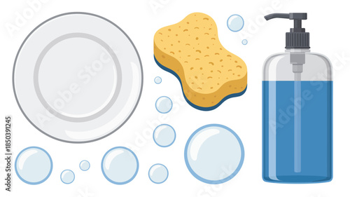 Cleaning supplies in soap bubbles with sponge and dish soap in clear bottle on white background for household chores