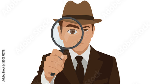 Man in suit examining magnifying glass, detective with natural lighting and detailed texture for commercial background