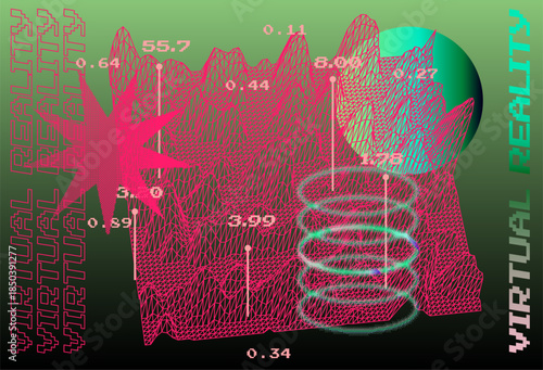 Neon pink wireframe graphs with numerical data peaks, concentric rings, a glowing sphere, and a starburst on a teal-green gradient background. Conceptual illustration for virtual reality, big data.