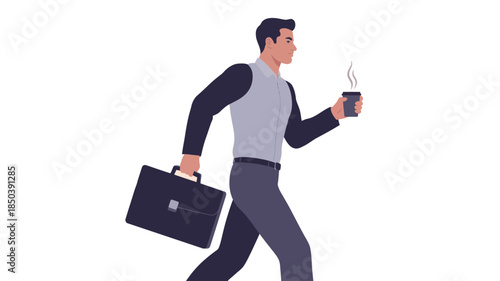 Businessman walking briskly with coffee and briefcase in a dynamic flat vector illustration on a clean white background for daily commute and business productivity.