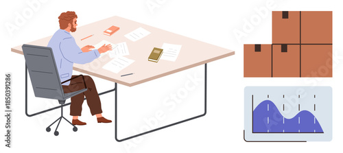 Professional reviewing documents at desk with packaging boxes and performance chart. Ideal for logistics, inventory planning, data analysis, warehousing, business decision-making, supply chain