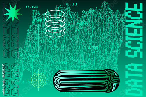 Futuristic neon wireframe and abstract data visualizations. Conceptual vector illustration for data science, big data analytics, machine learning, and technological innovation themes.