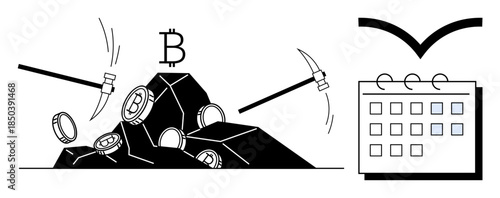 Pickaxes striking a pile of cryptocurrency coins, Bitcoin symbol, and a calendar indicating mining schedule or cycle. Ideal for blockchain, finance, cryptocurrency, mining, technology, digital