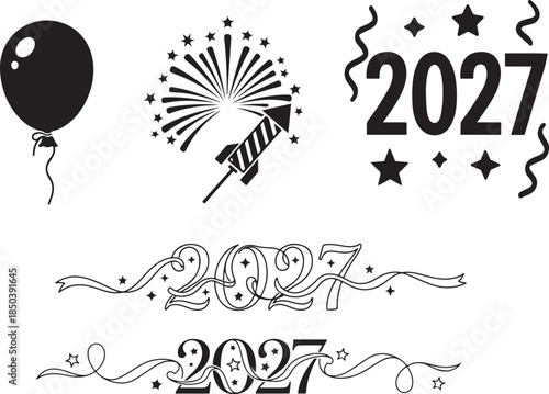 2027 New Year Graphics Balloons, Fireworks, and Joy