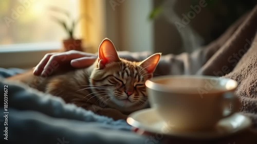 Cozy orange cat napping on a blanket, with a warm cup of coffee nearby