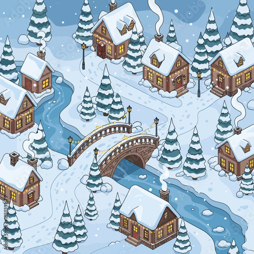 Cozy winter village with snow-covered houses and winding river creating a serene winter scene