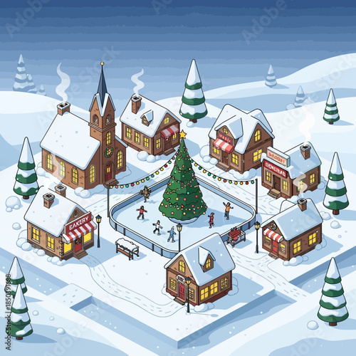 Festive winter village scene with snow-covered houses and a large decorated Christmas tree in the