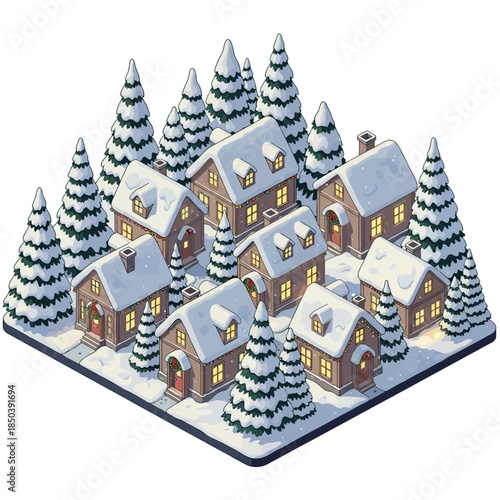 Cozy winter village with snow-covered trees and charming houses in a festive setting