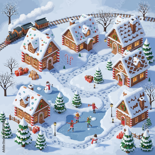 Festive Winter Village Scene with Snow-Covered Houses Christmas Decorations and People enjoying