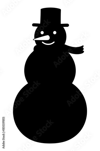 Silhouette icon of a friendly snowman wearing a top hat and scarf for winter holiday designs