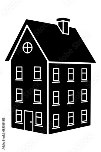 Simple black and white silhouette icon representing a traditional three story residential house or building