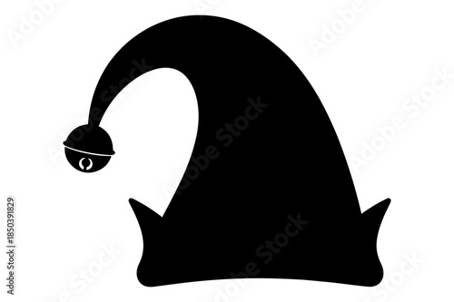Simple black silhouette illustration of a festive jester or elf hat featuring a small dangling bell