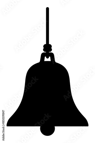 Simple black silhouette icon graphic representing a traditional hanging bell shape for notification or warning